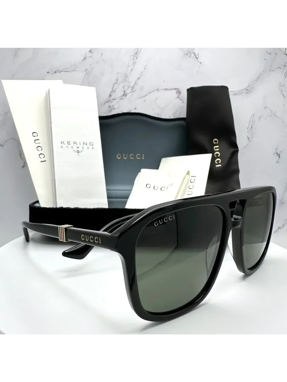 New GUCCI Sunglasses Black Aviator Pilot Gold Logo Metal Red Green Web Gucci